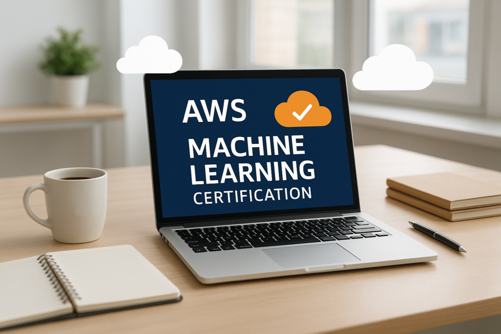 AWS Certified Machine Learning Engineer – Associate study guide workspace with laptop and cloud icons