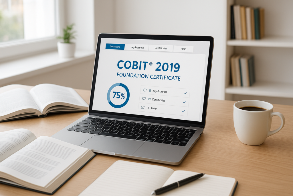 COBIT® 2019 Foundation Certificate study guide workspace with laptop and study materials