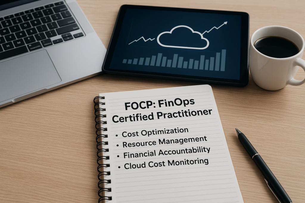 Study desk with laptop, digital tablet showing cloud financial charts, and FinOps Certified Practitioner exam preparation materials.