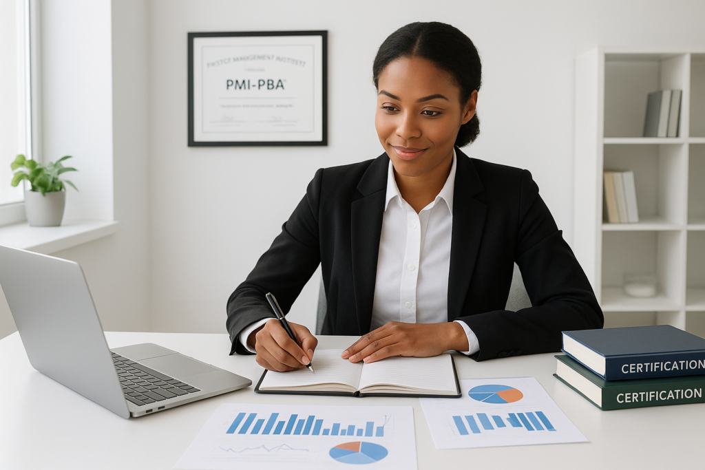 Business analyst preparing for PMI-PBA® exam in 2026 with study materials and digital resources.