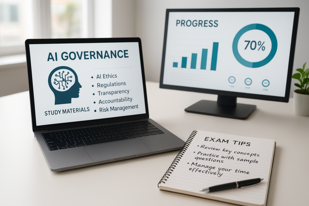 Artificial Intelligence Governance Professional (AIGP) study guide workspace with laptop and study materials