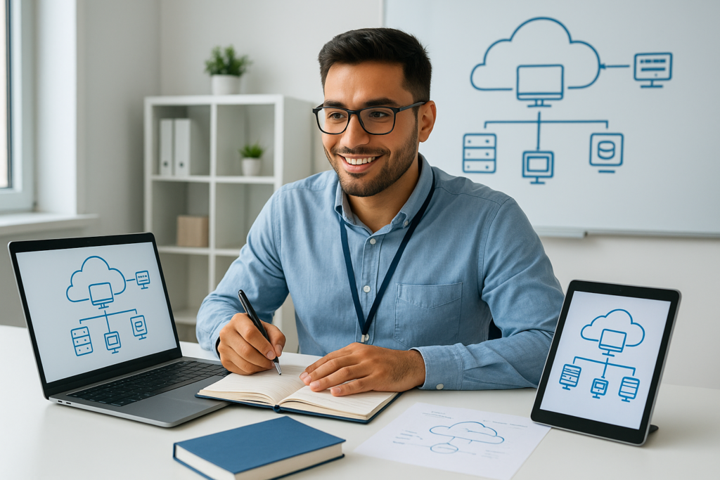 Professional preparing for the Professional Cloud Architect exam with study materials and cloud diagrams.