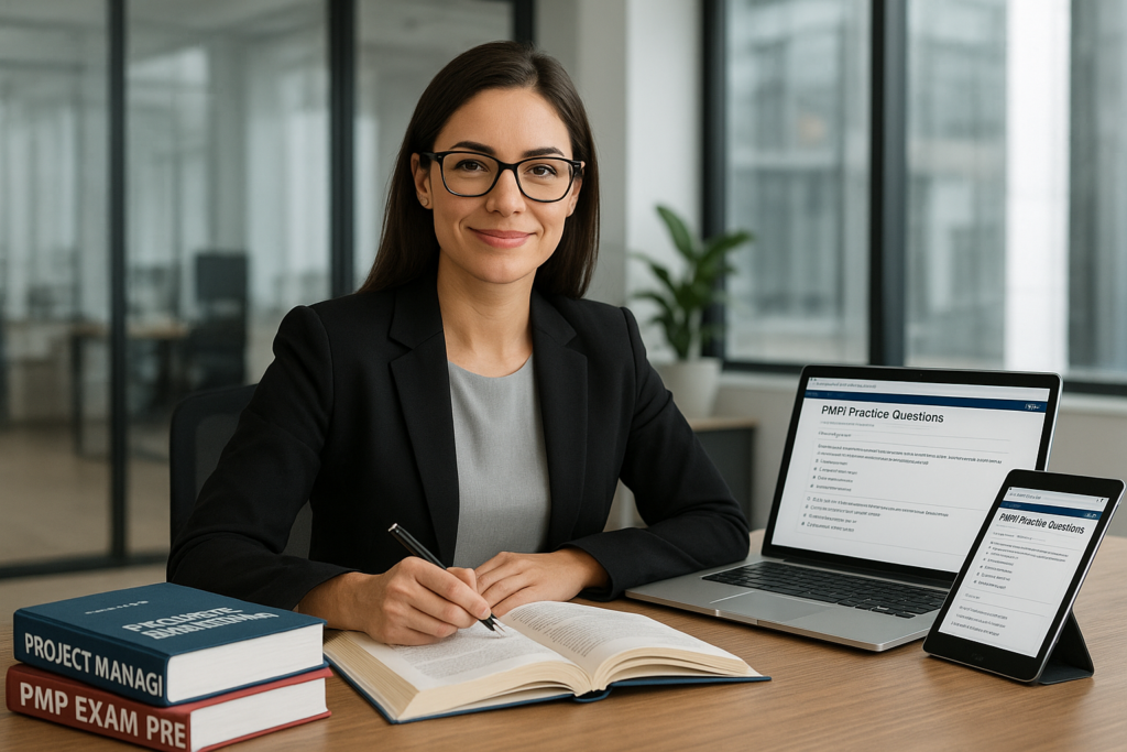 Professional preparing for PMP® exam with study materials and digital practice questions.