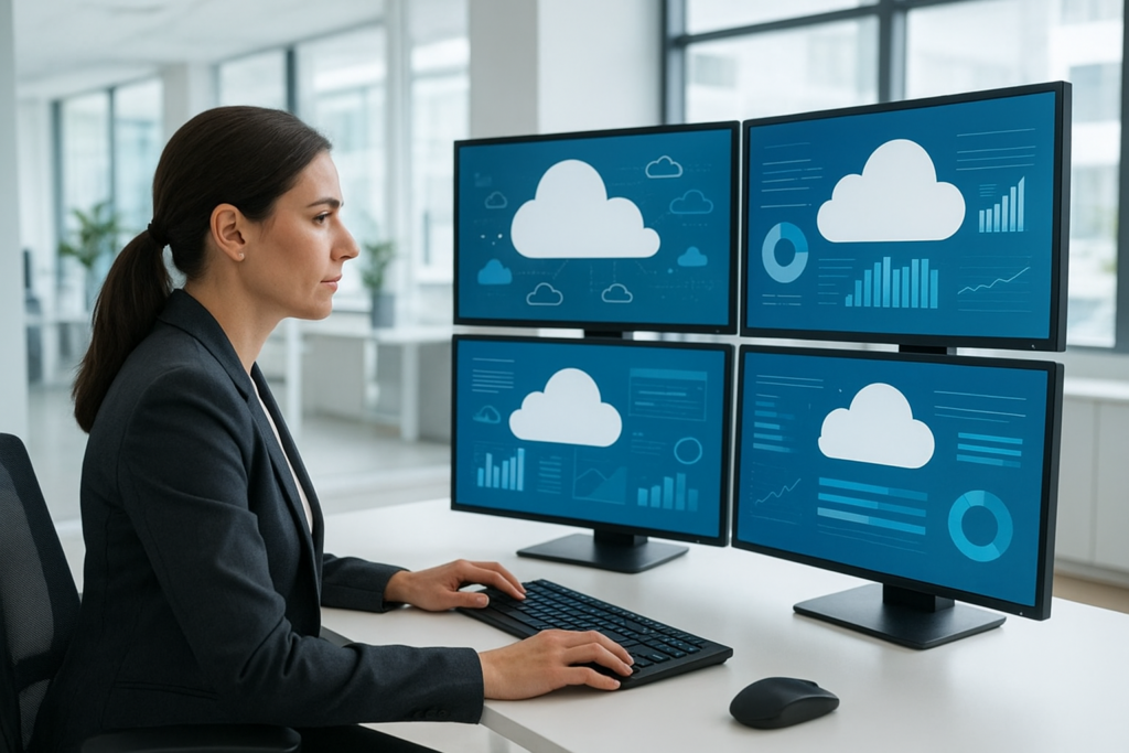 Associate Cloud Workspace Administrator managing cloud workspaces on digital dashboards.