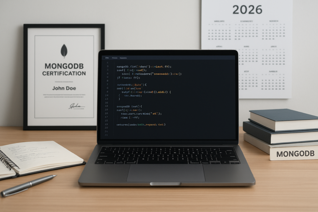 MongoDB Certified Developer Associate (C100DEV) study guide workspace with laptop and study materials for 2026 exam prep.