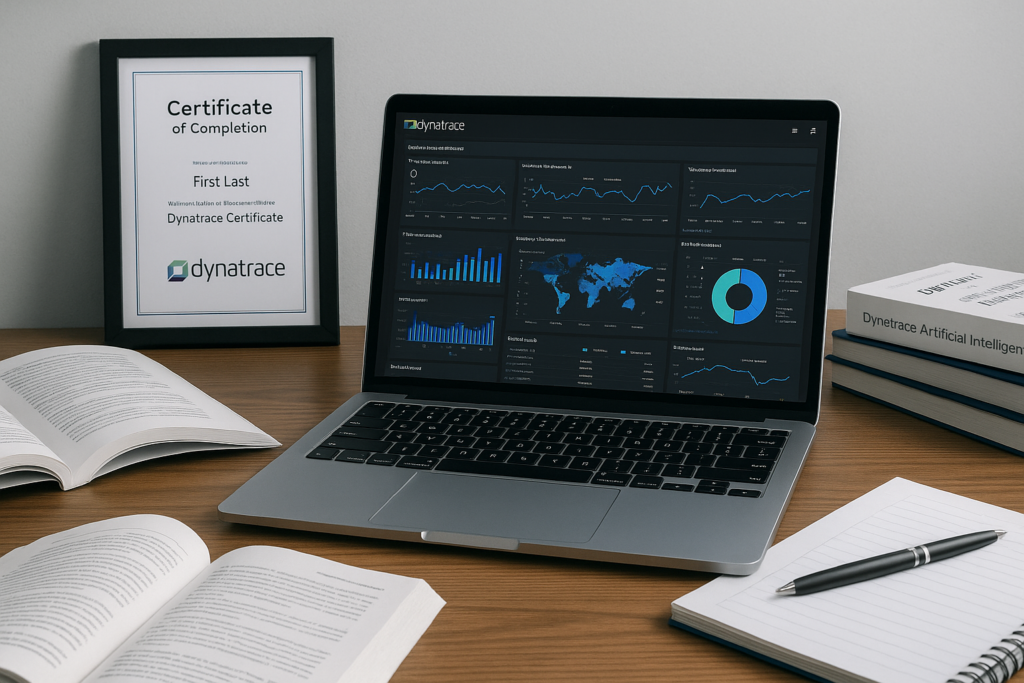 Dynatrace Associate Certification study guide workspace with dashboards and study materials