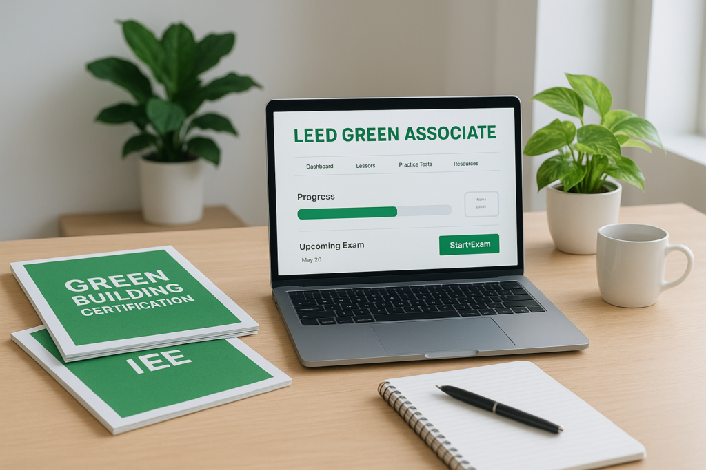 LEED Green Associate study guide workspace with exam prep materials and plants