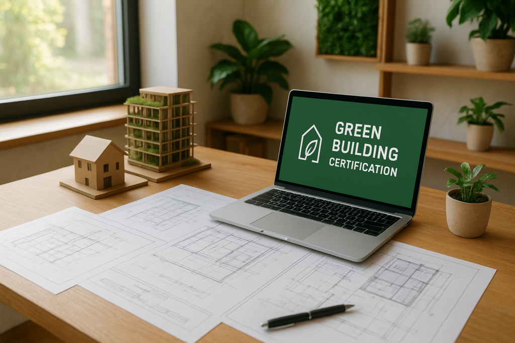 LEED AP BD+C study guide workspace with sustainable building models and exam prep materials