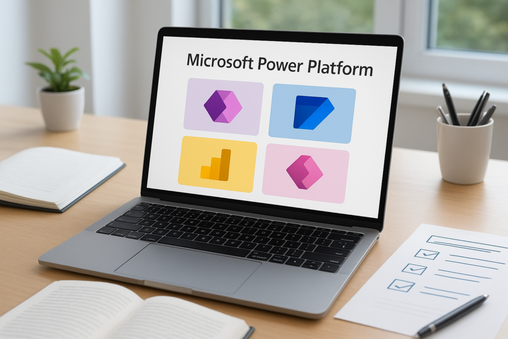 Microsoft Certified Power Platform Fundamentals study guide workspace with laptop and study materials