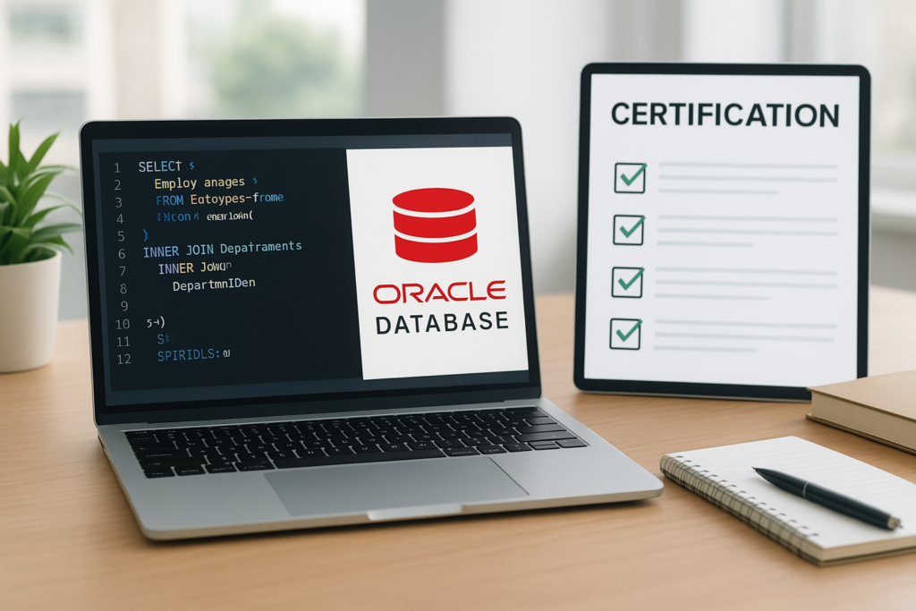 Oracle Database SQL Certified Associate study guide workspace with laptop and study materials