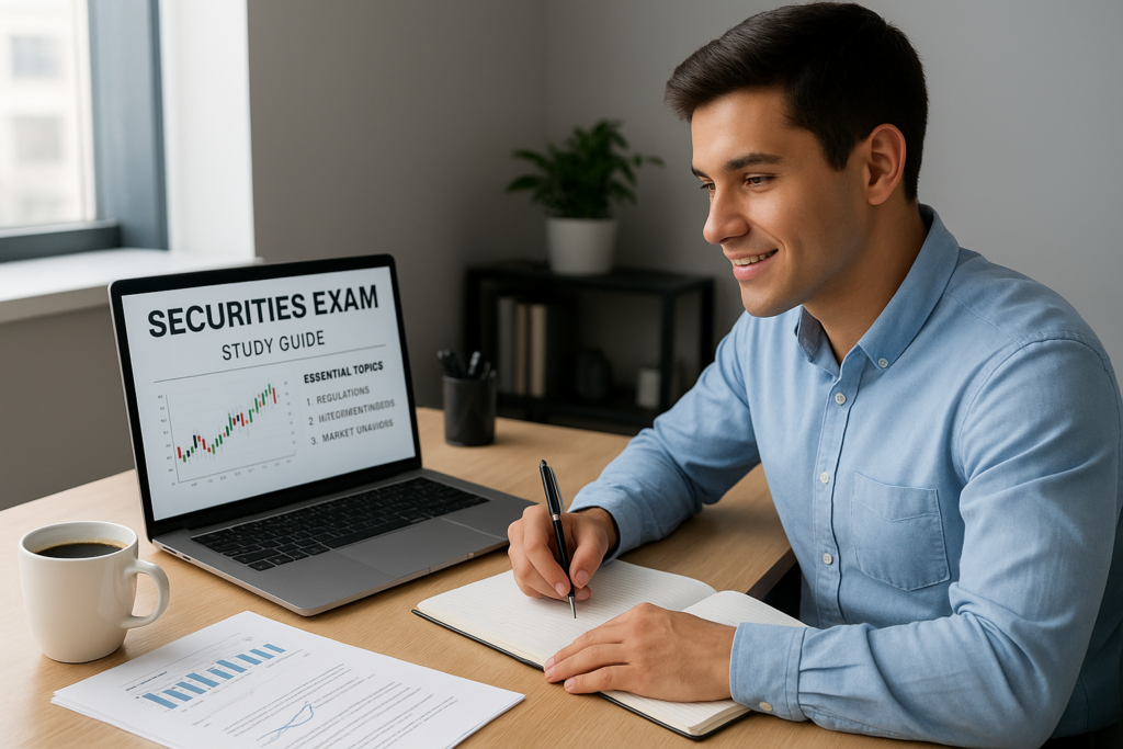Student preparing for the SIE: Securities Industry Essentials Exam with study materials and laptop.