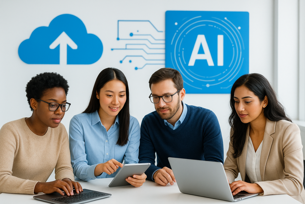 Group of professionals preparing for Microsoft Certified Azure AI Fundamentals exam with laptops and Azure AI symbols.