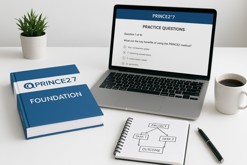 PRINCE2 7 Foundation study guide materials and practice questions on a desk in 2026