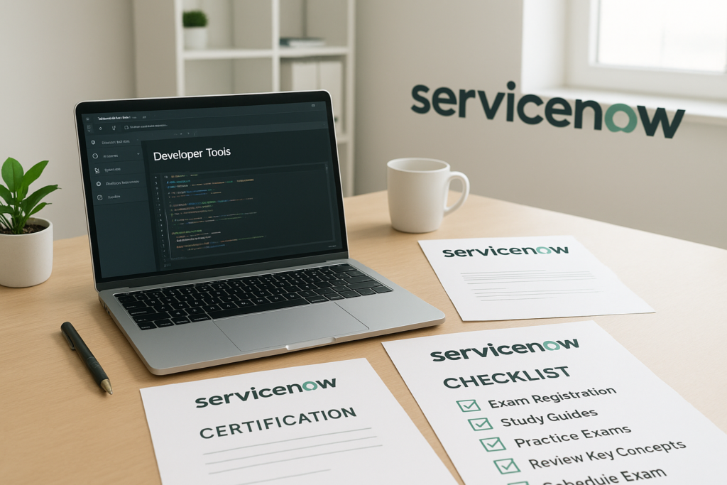 ServiceNow Certified Application Developer (CAD) study guide workspace with laptop and exam checklist