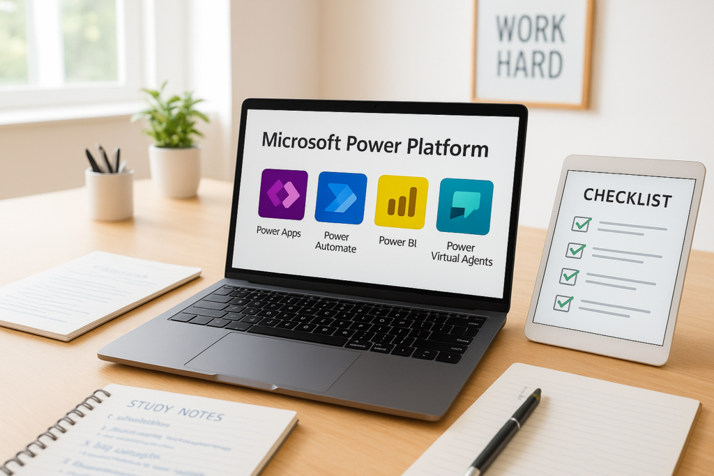 Study guide for Microsoft Certified Power Platform App Maker Associate exam 2026 with laptop and notes.