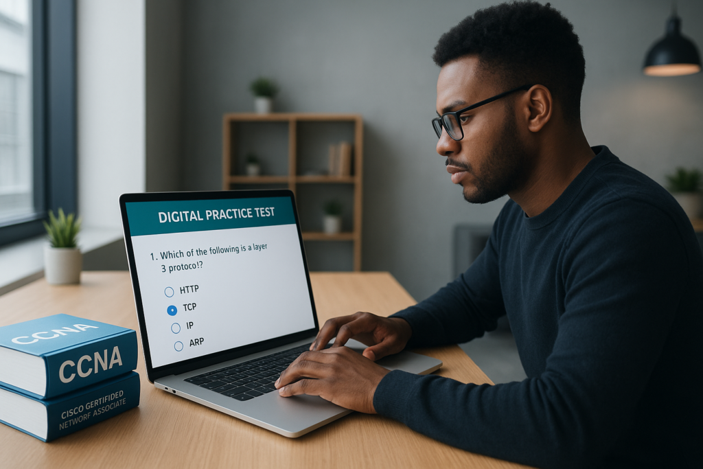 Person studying for CCNA exam with books and digital practice test in 2026