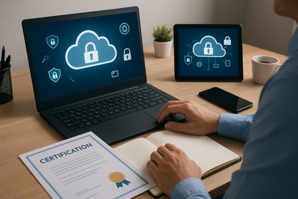 Professional studying for Certified Cloud Security Professional (CCSP) exam with cloud security visuals