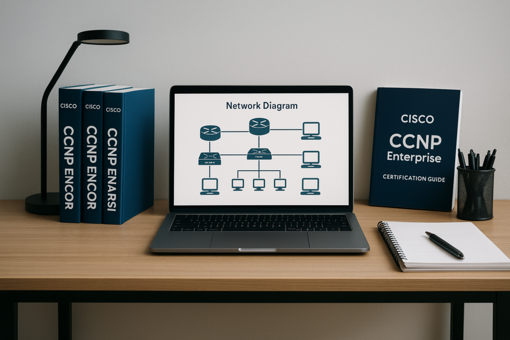 CCNP Enterprise study guide 2026 desk with Cisco networking materials and laptop