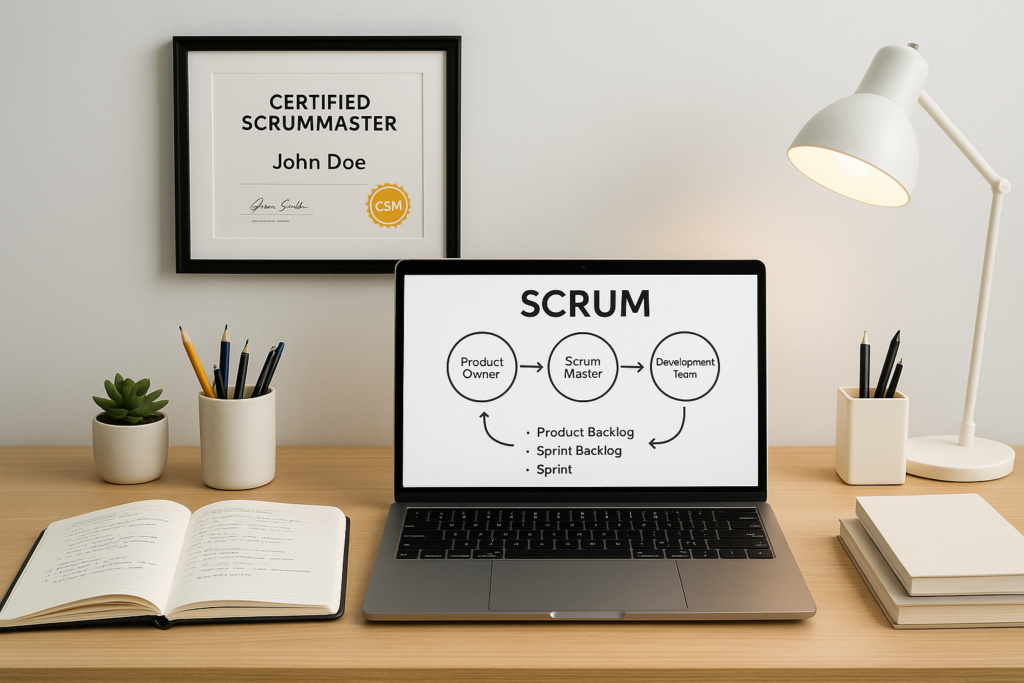 Certified ScrumMaster (CSM) study guide materials and laptop with Scrum diagrams