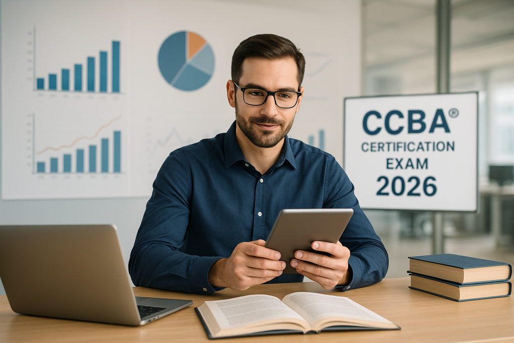 Business analyst preparing for CCBA® exam with study materials and laptop in 2026
