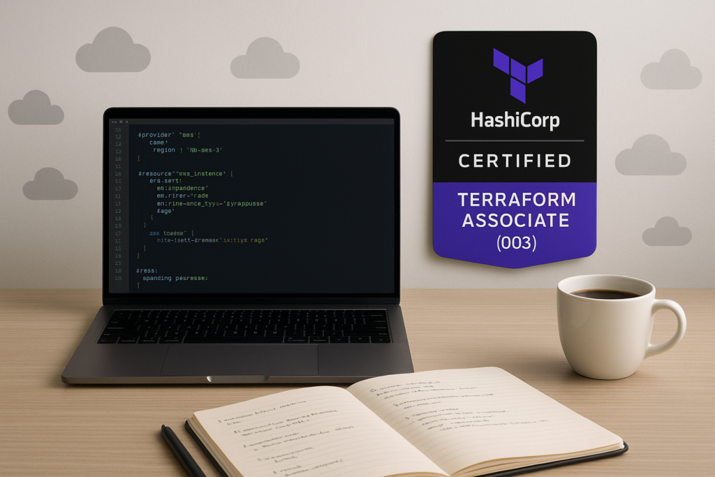 Study desk with laptop, Terraform code, certification badge, and study notes for HashiCorp Certified: Terraform Associate (003) exam.