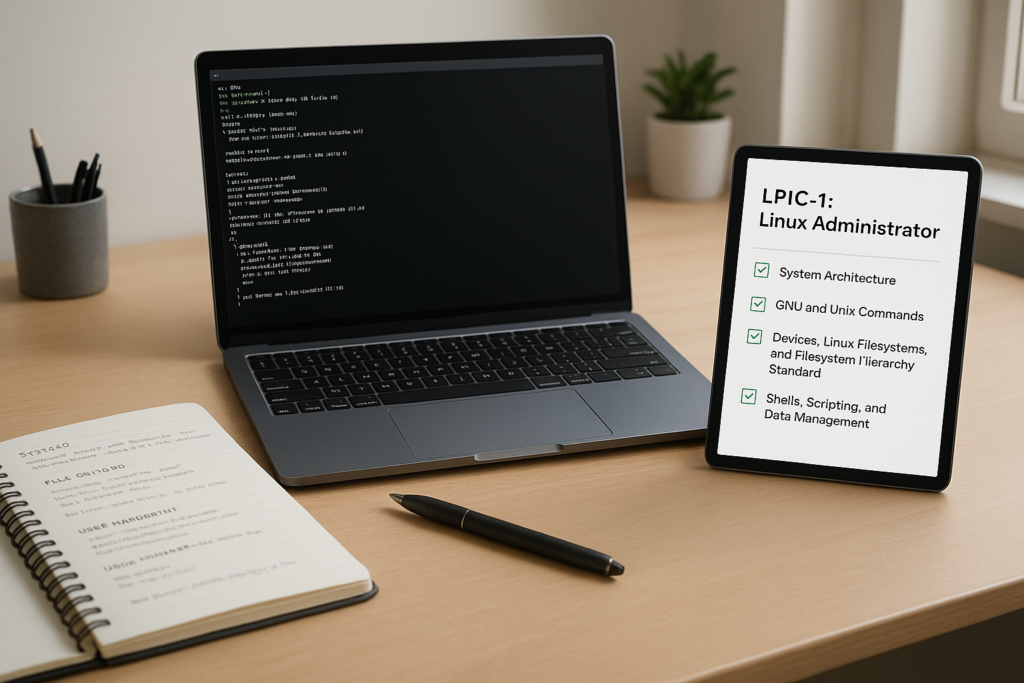 LPIC-1: Linux Administrator study guide workspace with Linux laptop and exam notes