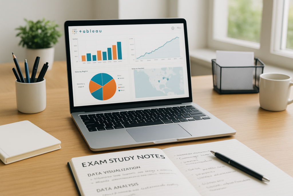 Tableau Desktop Specialist study guide workspace with laptop and exam notes