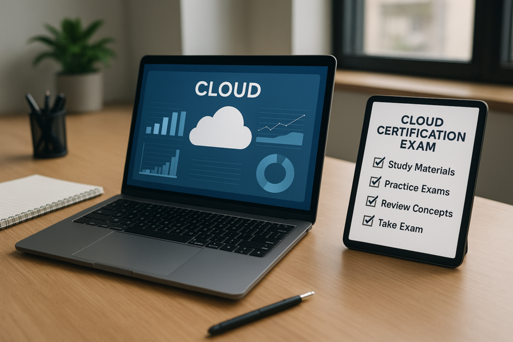Cloud Digital Leader study guide workspace with laptop and study materials