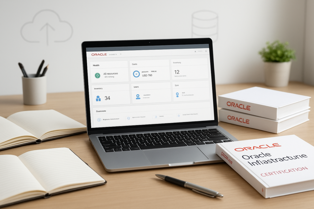 Oracle Cloud Infrastructure – Base Database Services Professional (1Z0-1093-24) study guide workspace with laptop and study materials