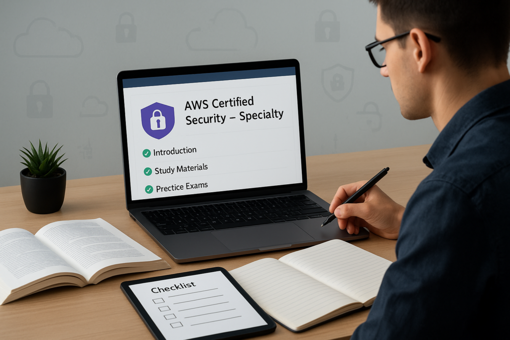 Learner preparing for AWS Certified Security – Specialty exam with study materials and laptop.