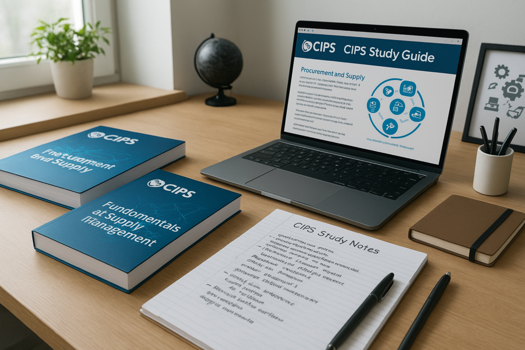 CIPS L4M2: Defining Business Need study guide workspace with digital and paper materials for exam preparation.