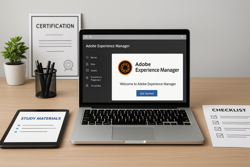 Adobe Experience Manager Sites Developer Expert AD0-E134 study guide workspace with laptop and study materials