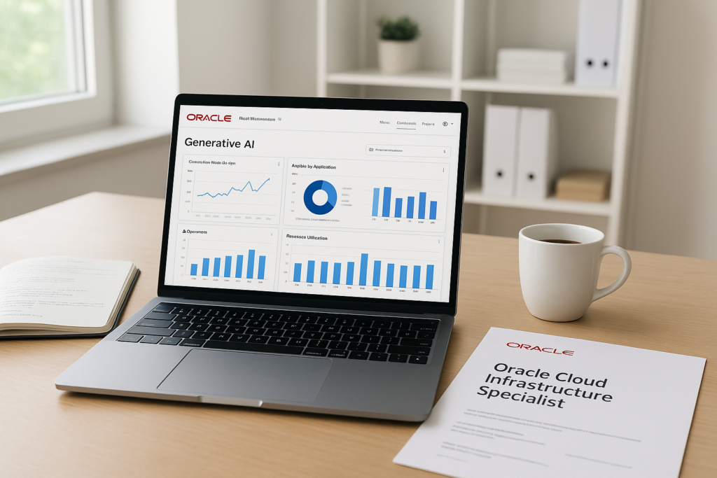 Oracle Cloud Infrastructure – Generative AI Professional (1Z0-1127-24) study guide workspace with laptop and study materials