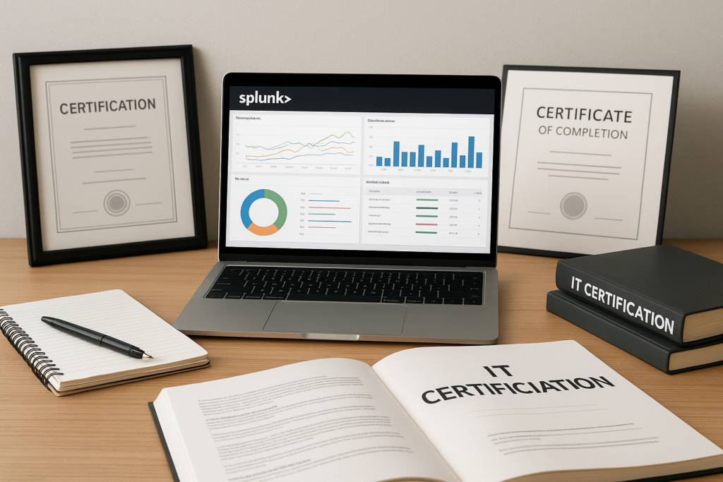 Splunk Enterprise Certified Admin study guide workspace with laptop and certification materials