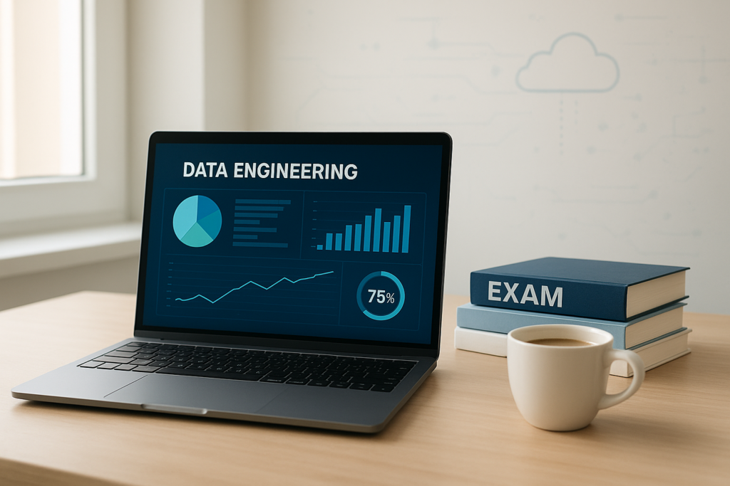 Professional Data Engineer study guide workspace with laptop and exam materials