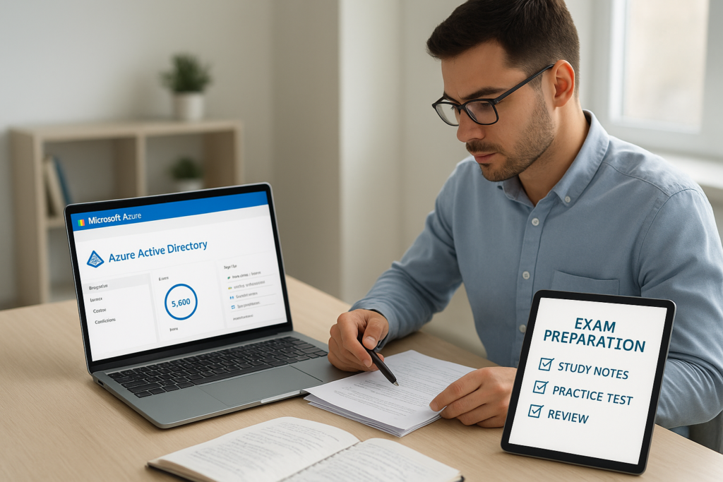 Person studying for Microsoft Certified: Identity and Access Administrator Associate exam with laptop and notes.