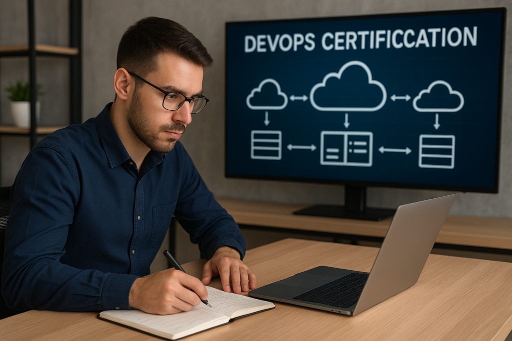 Professional preparing for Microsoft Certified DevOps Engineer Expert exam with study materials.