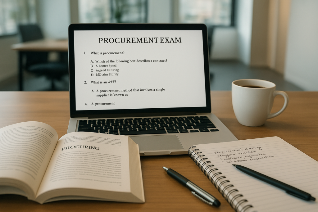 CIPS L4M8 Procurement and Supply in Practice study setup with textbooks, laptop, and notes