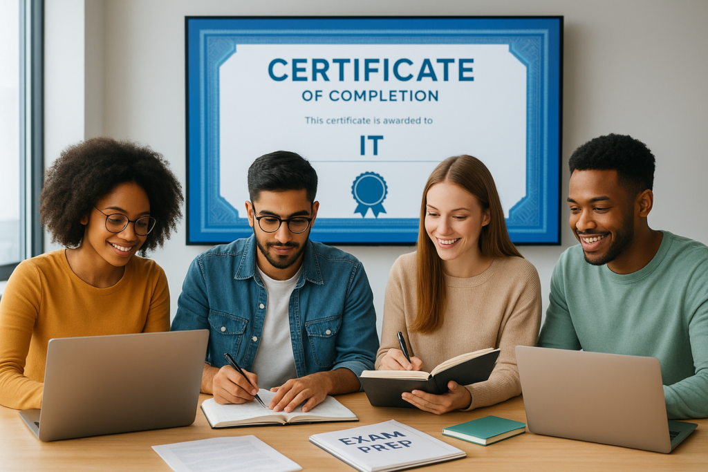 Diverse group of professionals studying for the Google IT Support Professional Certificate exam with digital resources.