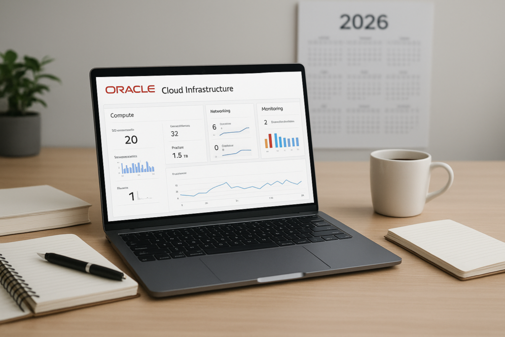 Oracle Cloud Infrastructure 2023 Foundations Associate study guide workspace with laptop and study materials for 2026