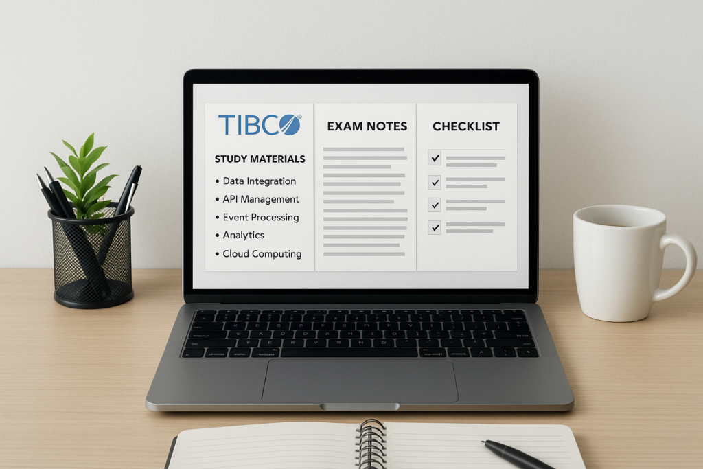 TIBCO Certified Professional Certification study guide workspace with laptop and notes