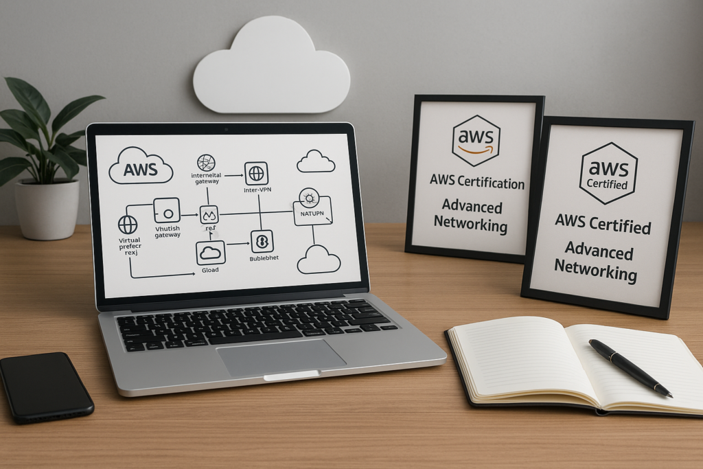 AWS Certified Advanced Networking – Specialty study guide workspace with laptop and networking diagrams