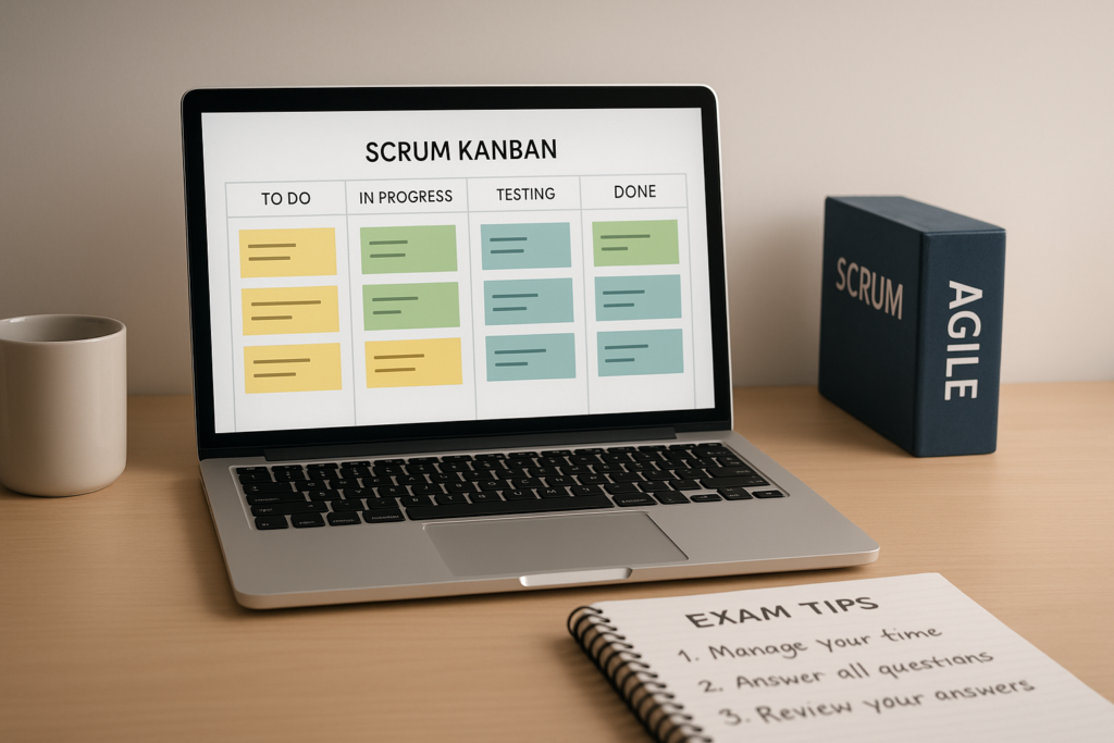 Professional Scrum with Kanban (PSK I) study guide workspace with Kanban board and exam materials