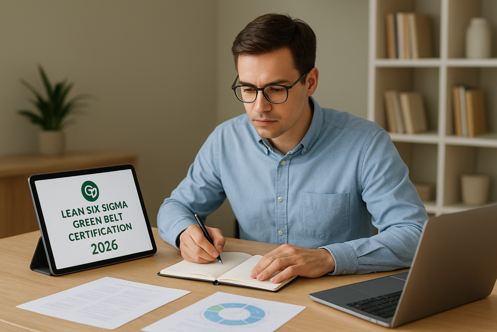 Person studying for Lean Six Sigma Green Belt Certification 2026 with digital devices and notes.