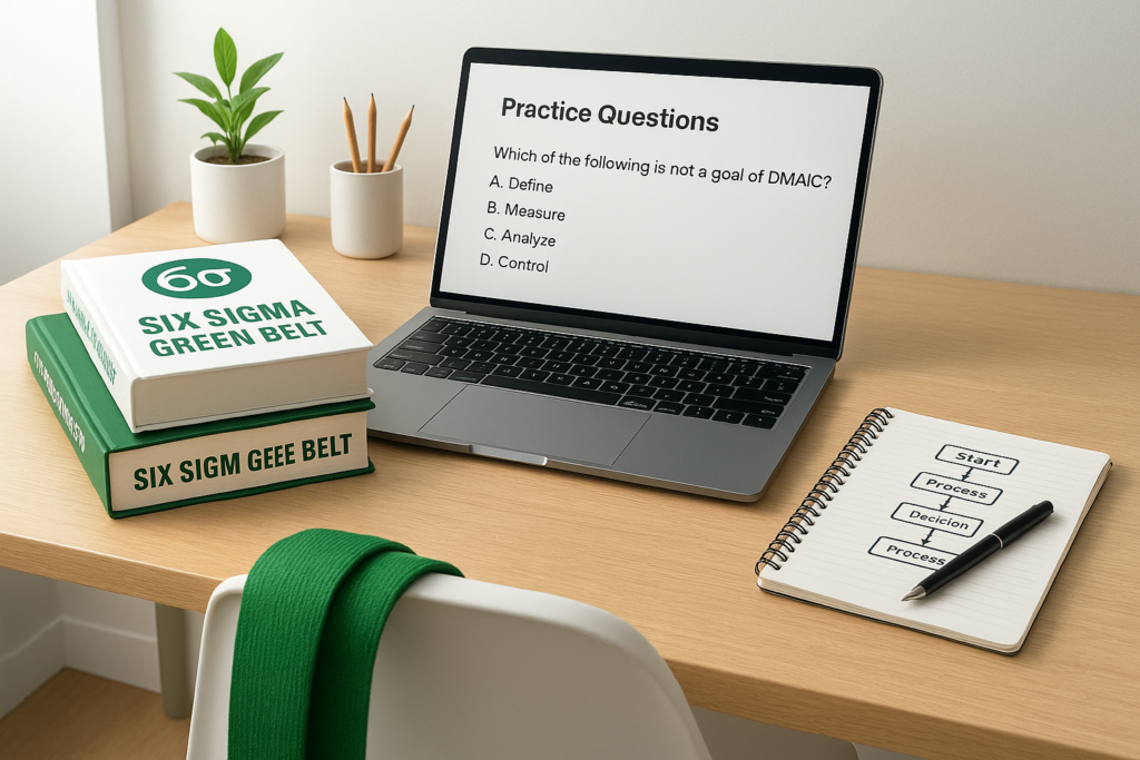 Six Sigma Green Belt Certification study materials and practice questions on a desk