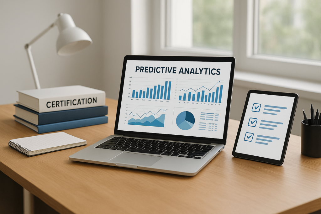 Predictive intelligence study guide workspace with laptop, charts, and study materials
