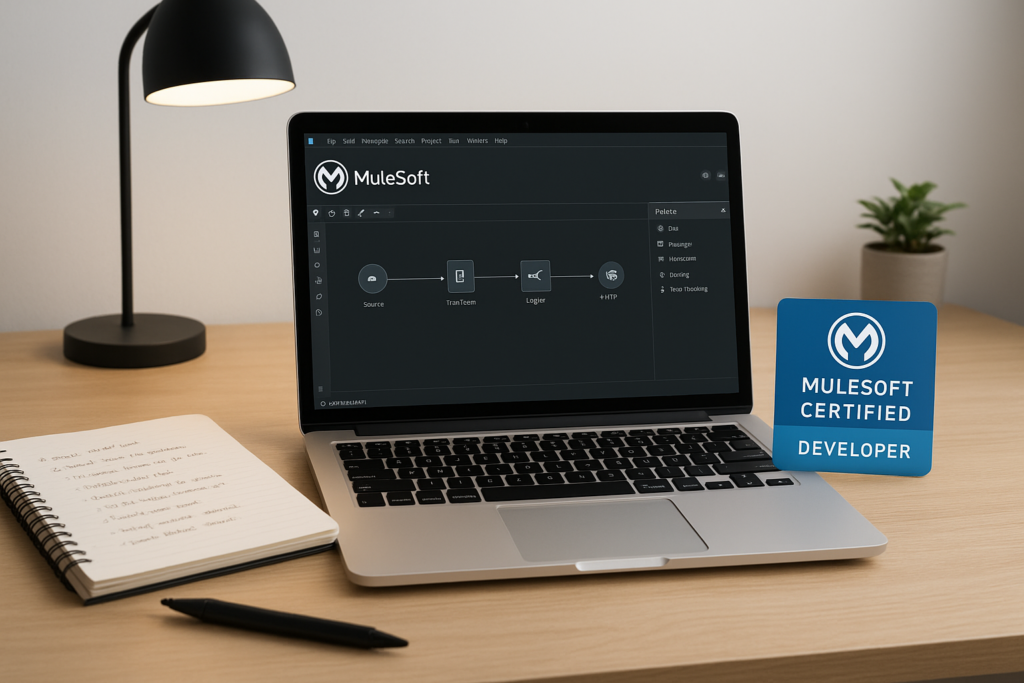 MuleSoft Certified Developer (MCD) study guide workspace with laptop and notes