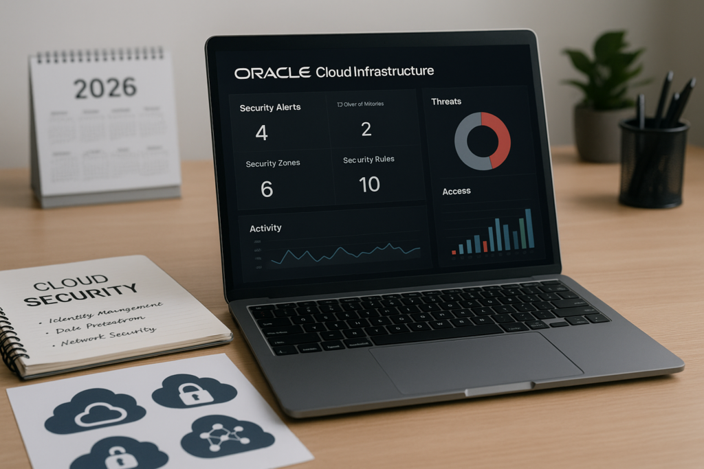 Oracle Cloud Infrastructure – OCI Security 2021 Associate (1Z0-1104-21) study guide 2026 workspace with laptop and security icons