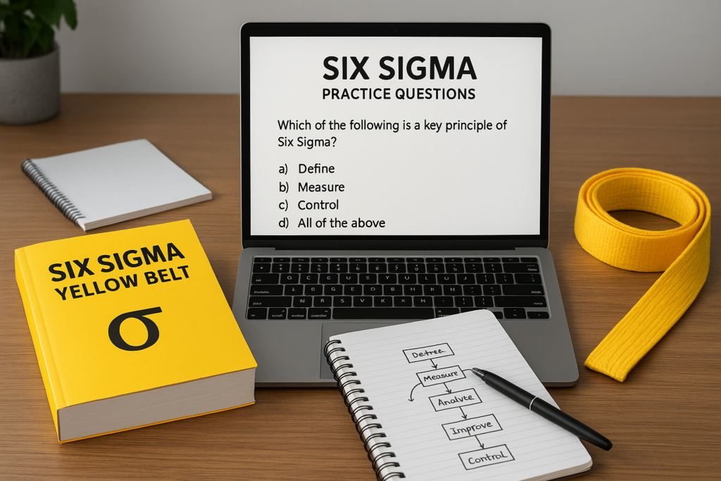 Six Sigma Yellow Belt Certification study guide materials and laptop with practice questions