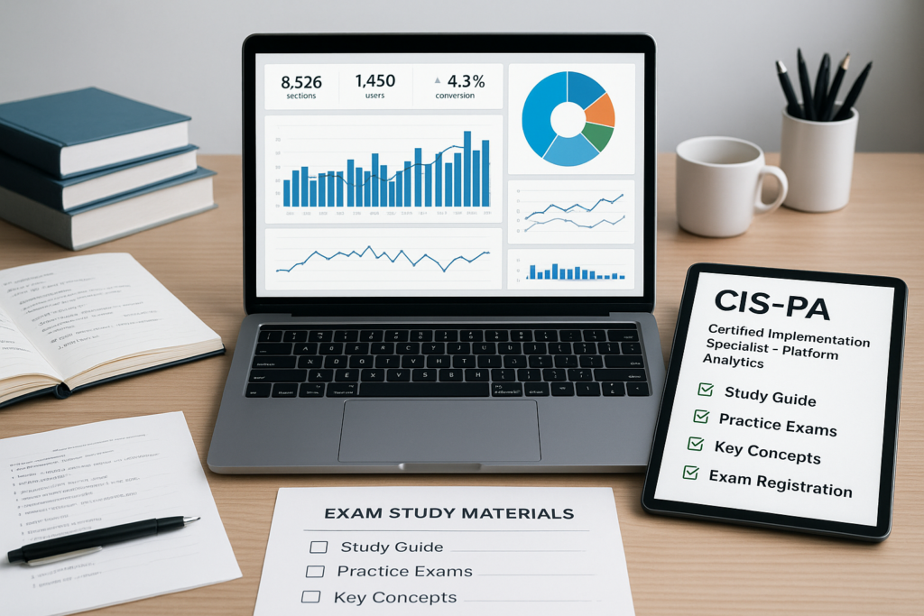 Certified Implementation Specialist – Platform Analytics (CIS-PA) study guide workspace with analytics dashboard and exam prep materials